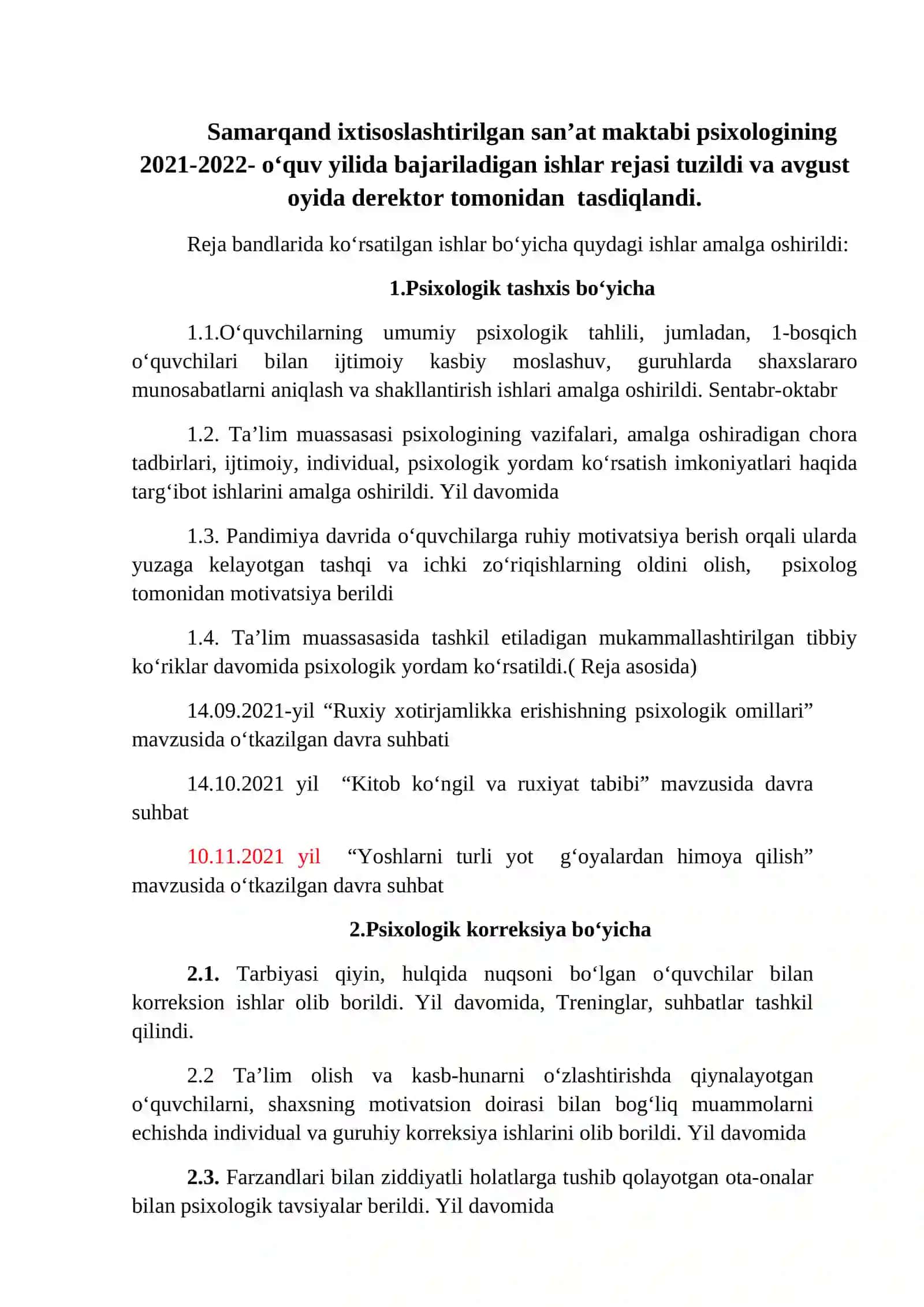 Psixologik ishlar yuzasidan Hisobot 3
