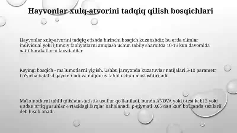 Hayvonlarning xatti harakatlarini órganish boshqichlarini òrganish 3