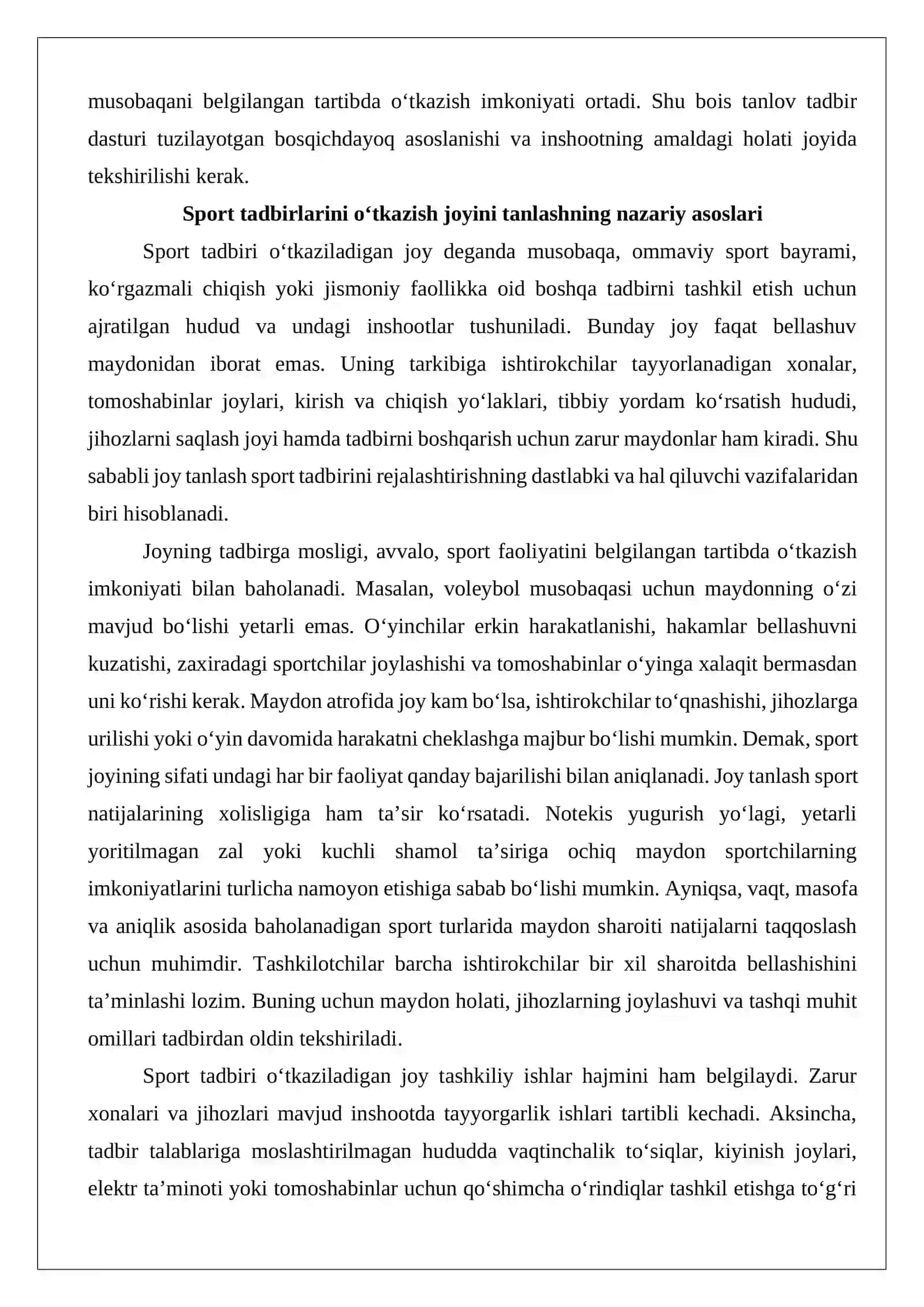 Sport tadbirlarini o‘tkazish joyi va sport inshootlarini tanlash 3