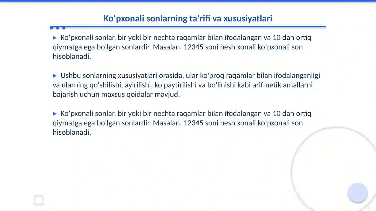 Ko‘pxonali sonlar ustida ishlash 3
