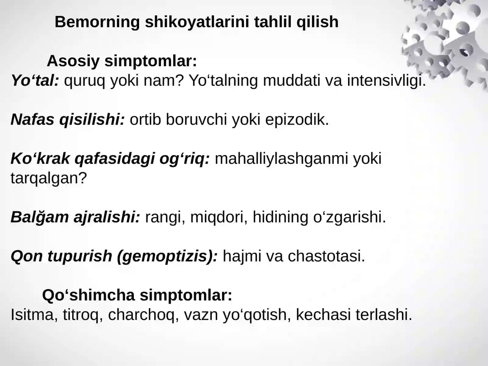 Nafas olish tizimi kasalliklarining klinik ko’rinishlarini algoritmik yondashuv asosida differensial diagnostikasi: hansirash, yo’tal, ko’krak qafasida og’riq, qon tuflash, sianoz 3