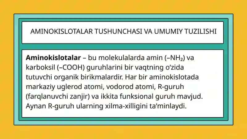 Aminokislotalarning xossalari,almashmaydigan aminokislotalarning ahamiyati, o'g'it sifatida foydalanadigan aminokislatalar 3