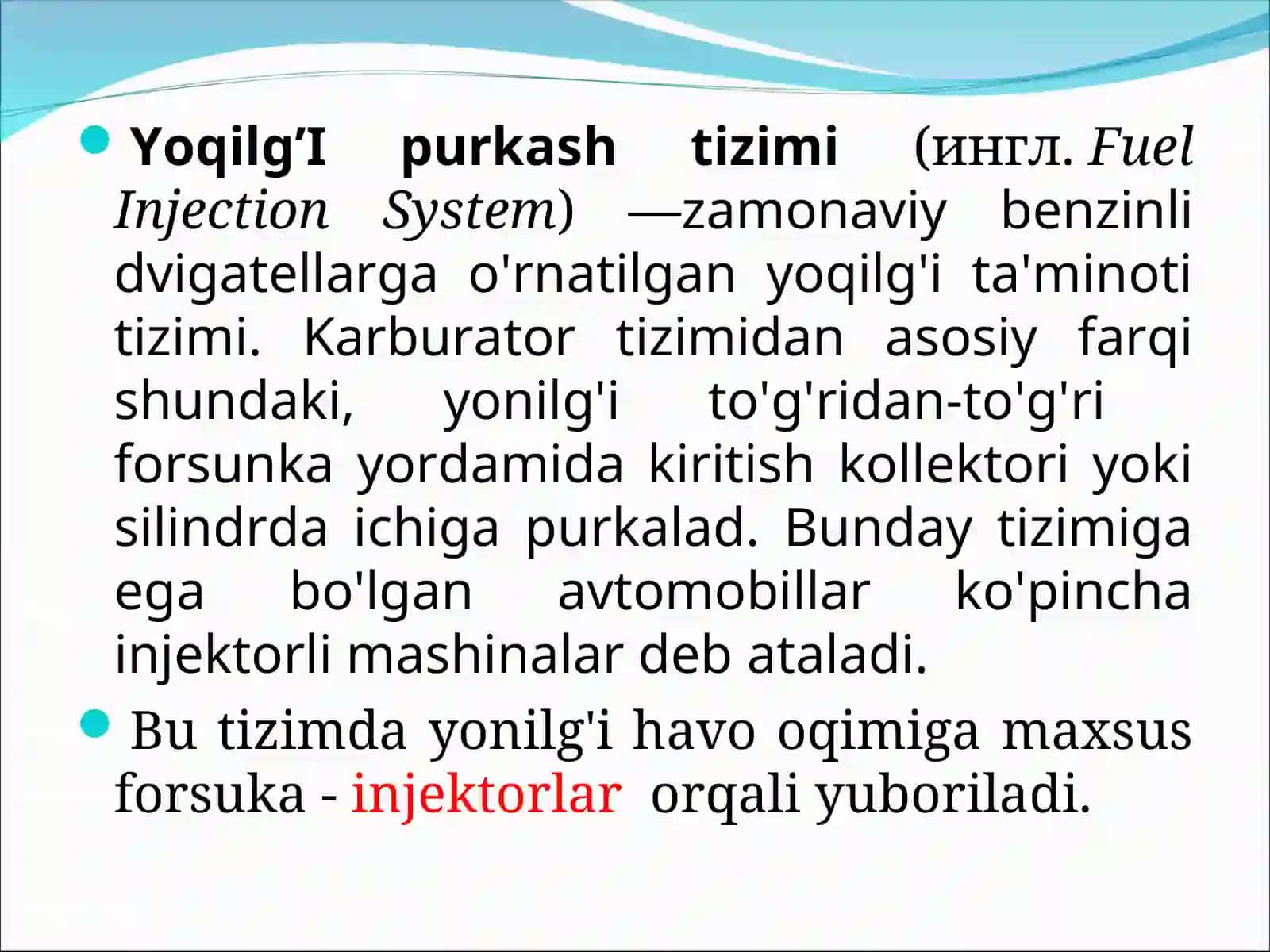 Benzinda ishlaydigan dvagellaning injektorli ta’minlash tizimi elementlari 3