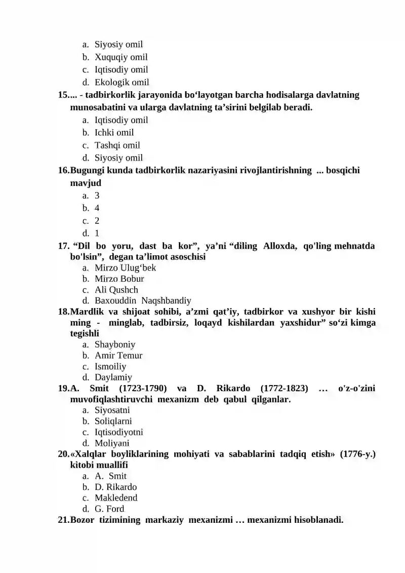 Tadbirkorlik asoslari fanining predmeti mavzusidan testlar 3