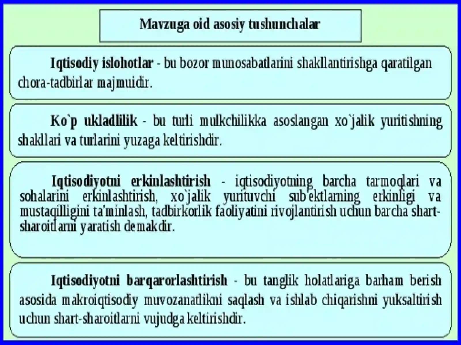 Iqtisodiy islohotlar, xususiy mulkchilikning shakllanishi. o‘zbekistonda bozor munosabatlarining rivojlanishi 3