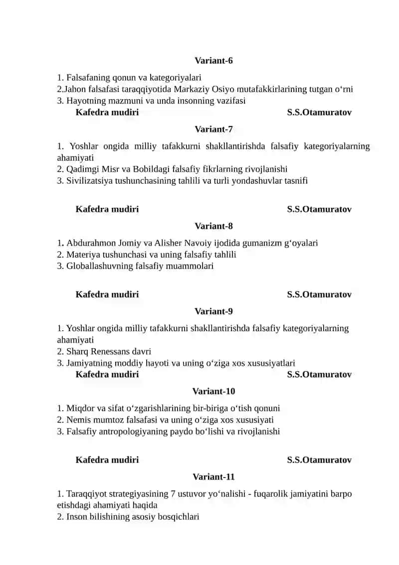 FALSAFA FANIDAN 1 KURS TALABALARI UCHUN ORALIQ NAZORAT VARIANTLARI 3
