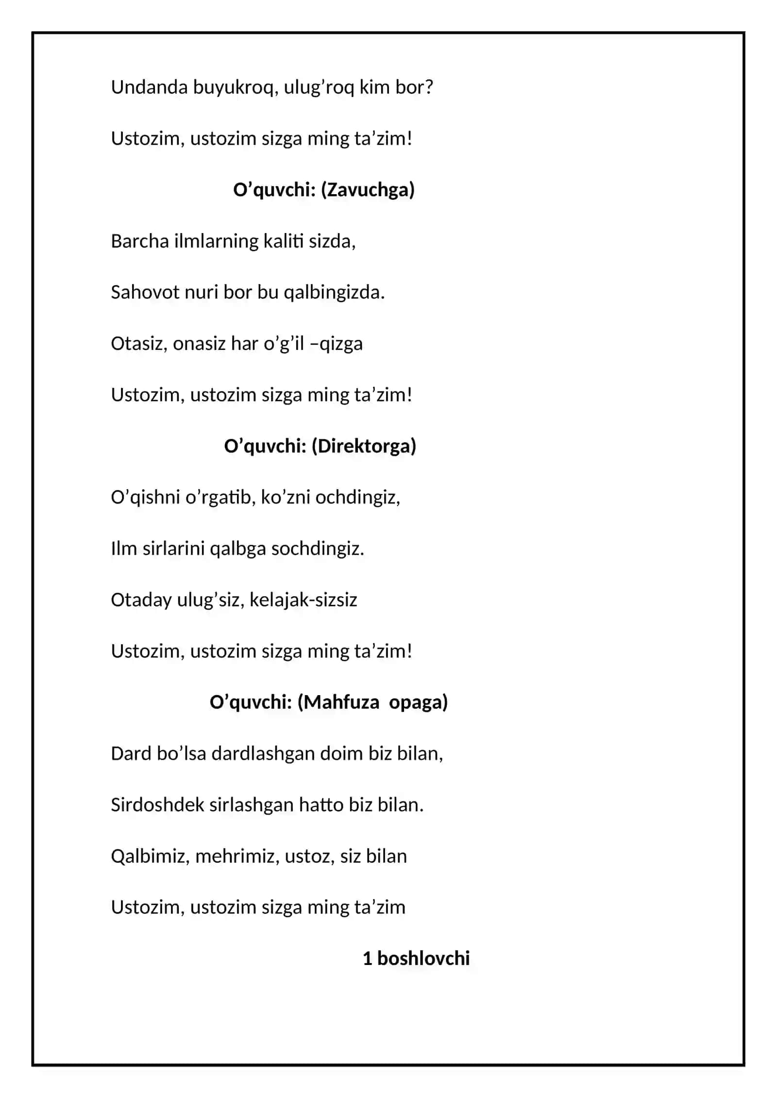 O’qituvchi va murabbiylar kuniga bag’ishlangan tadbir senariysi 3