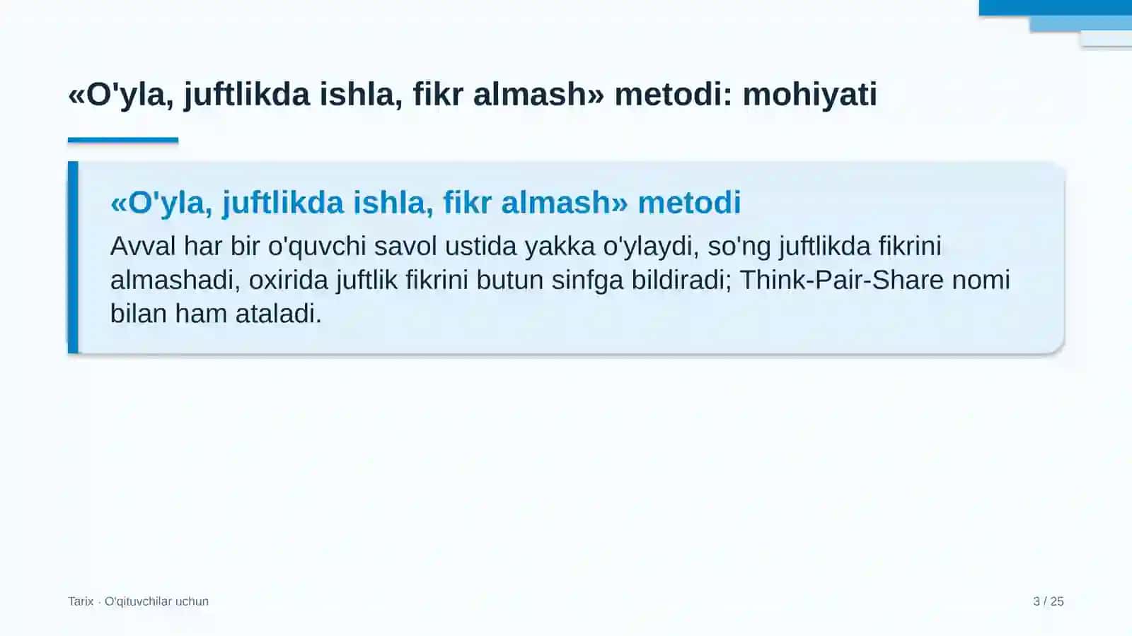 tarix darslarida o'yla juftlikda ishla fikr almash metodidan foydalanish 9776 3