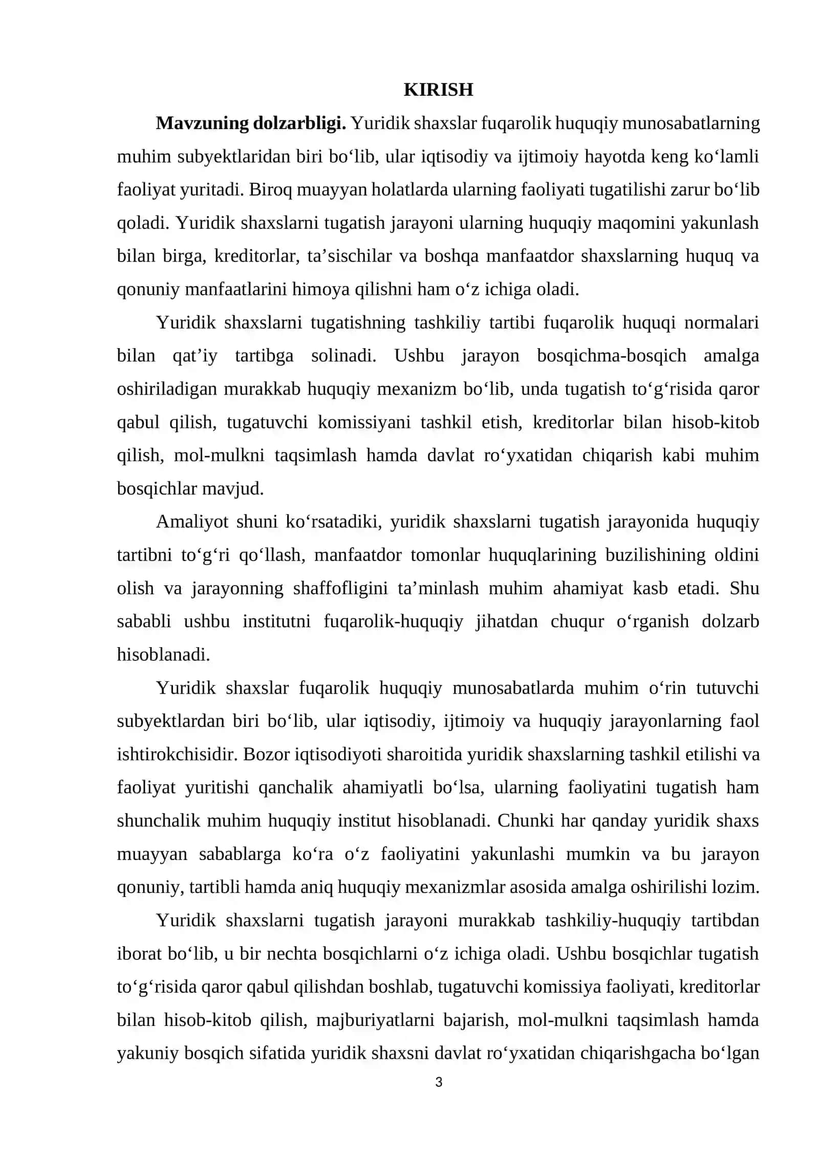 YURIDIK SHAXSLARNI TUGATISHNING TASHKILIY TARTIBINI FUQAROLIK-HUQUQIY TARTIBGA SOLISH MASALALARI. 3
