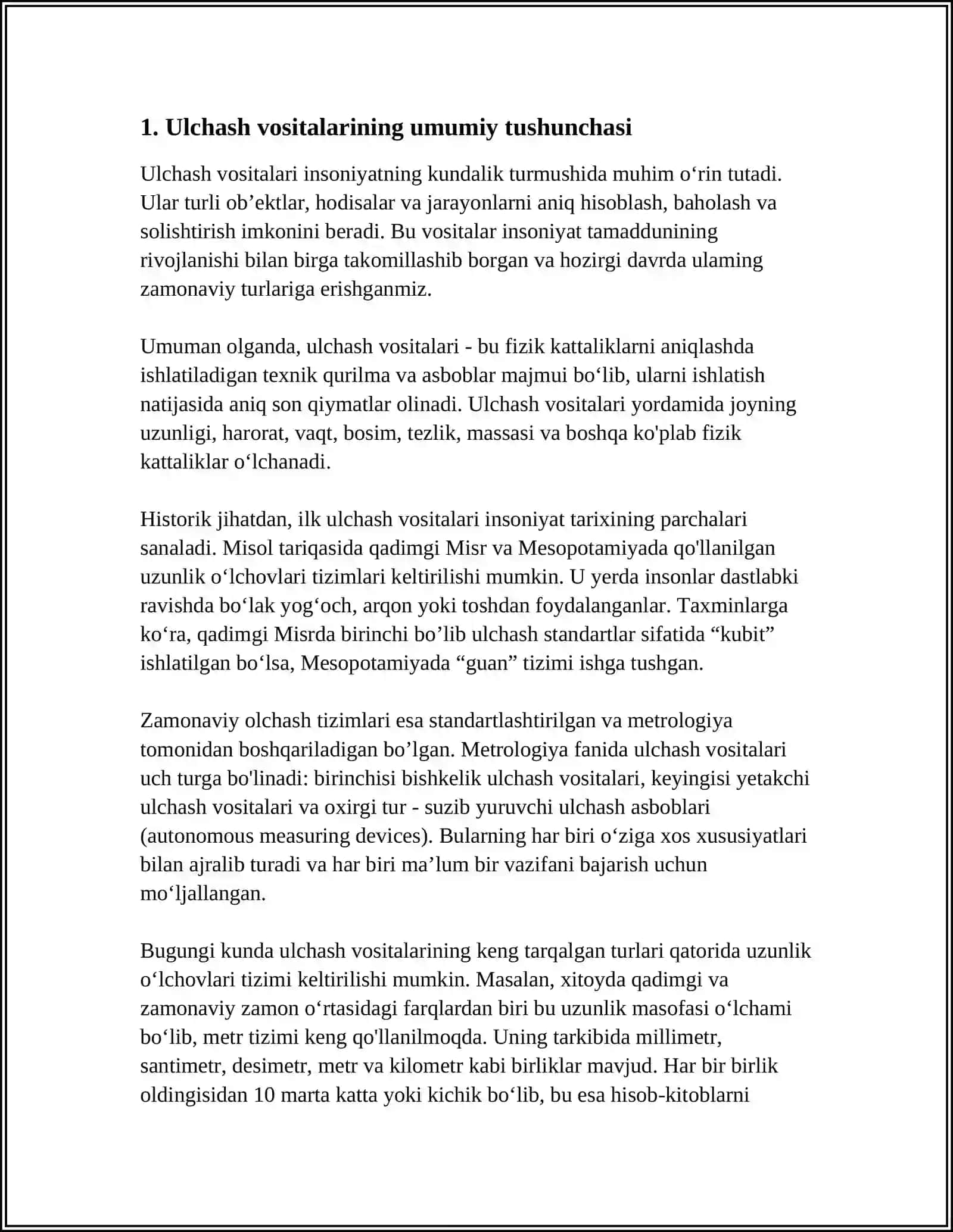 MUSTAQIL ISH Mavzu: ULCHASH VOSITALARINI TURLARI VA SINFLANISHI 3