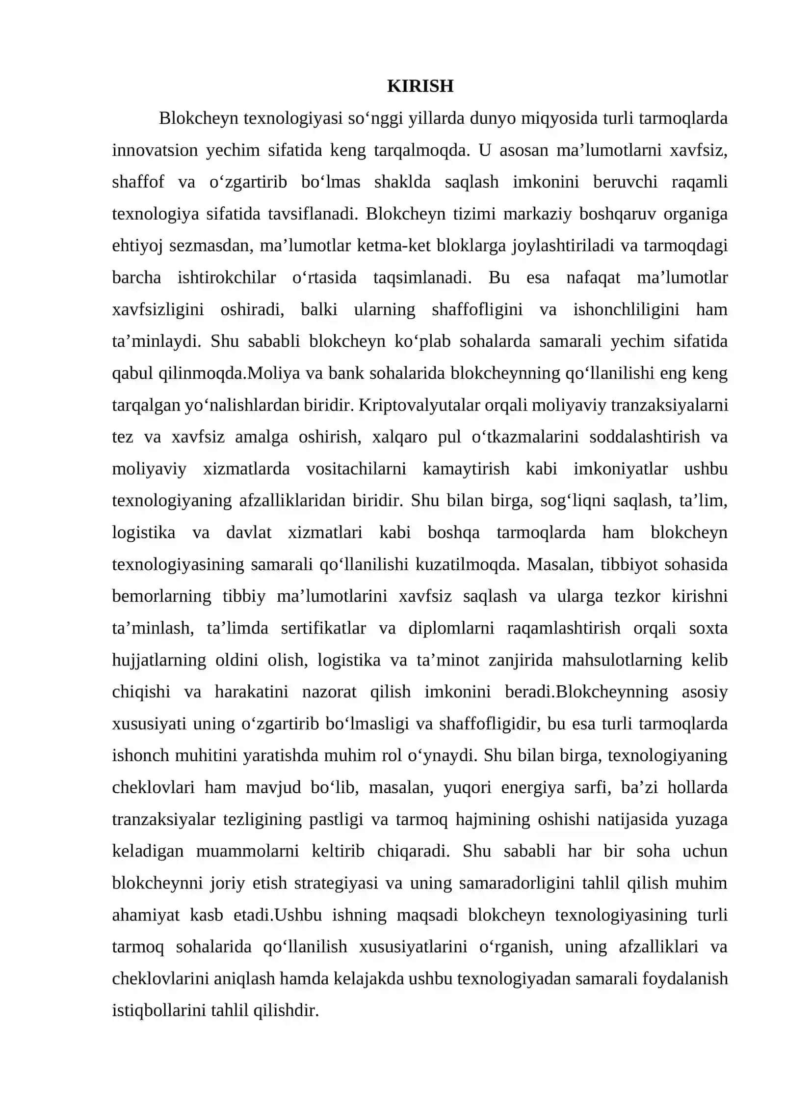 BLOKCHEYN TEXNALOGIYASIDAN TURLI TARMOQ SOHALARIDA FOYDALANISH XUSUSIYATLARI 3