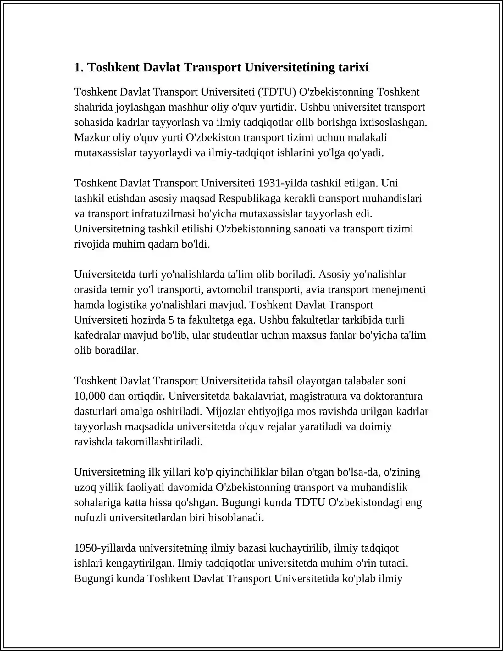 MUSTAQIL ISH Mavzu: TOSHKENT DAVLAT TRANSPORT UNIVERSITETI 3