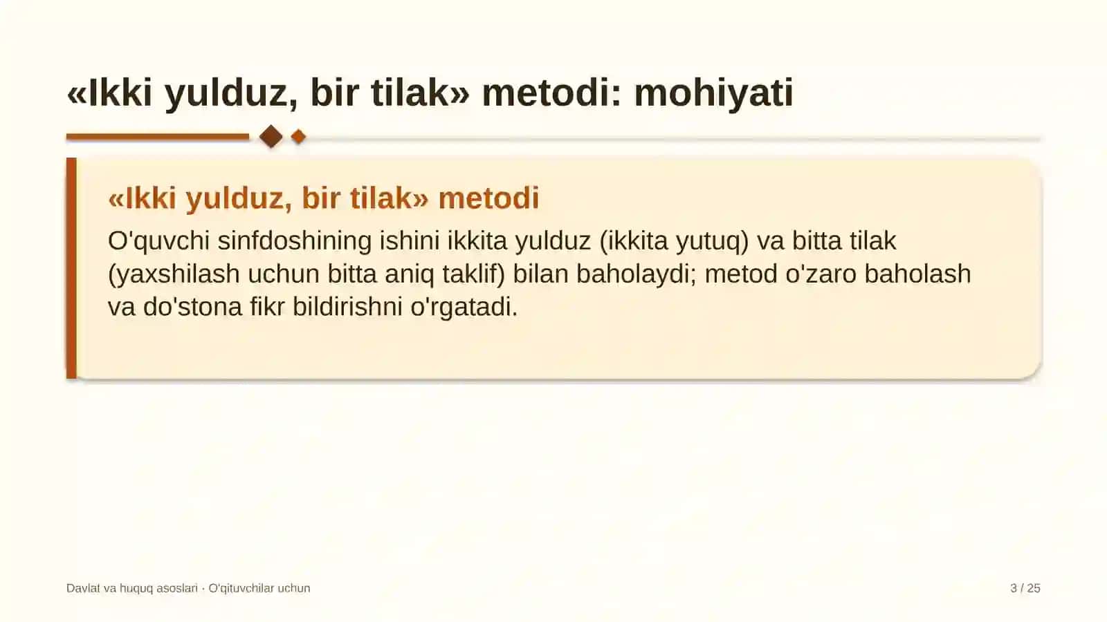 davlat va huquq asoslari darslarida ikki yulduz bir tilak metodidan foydalanish 9304 3