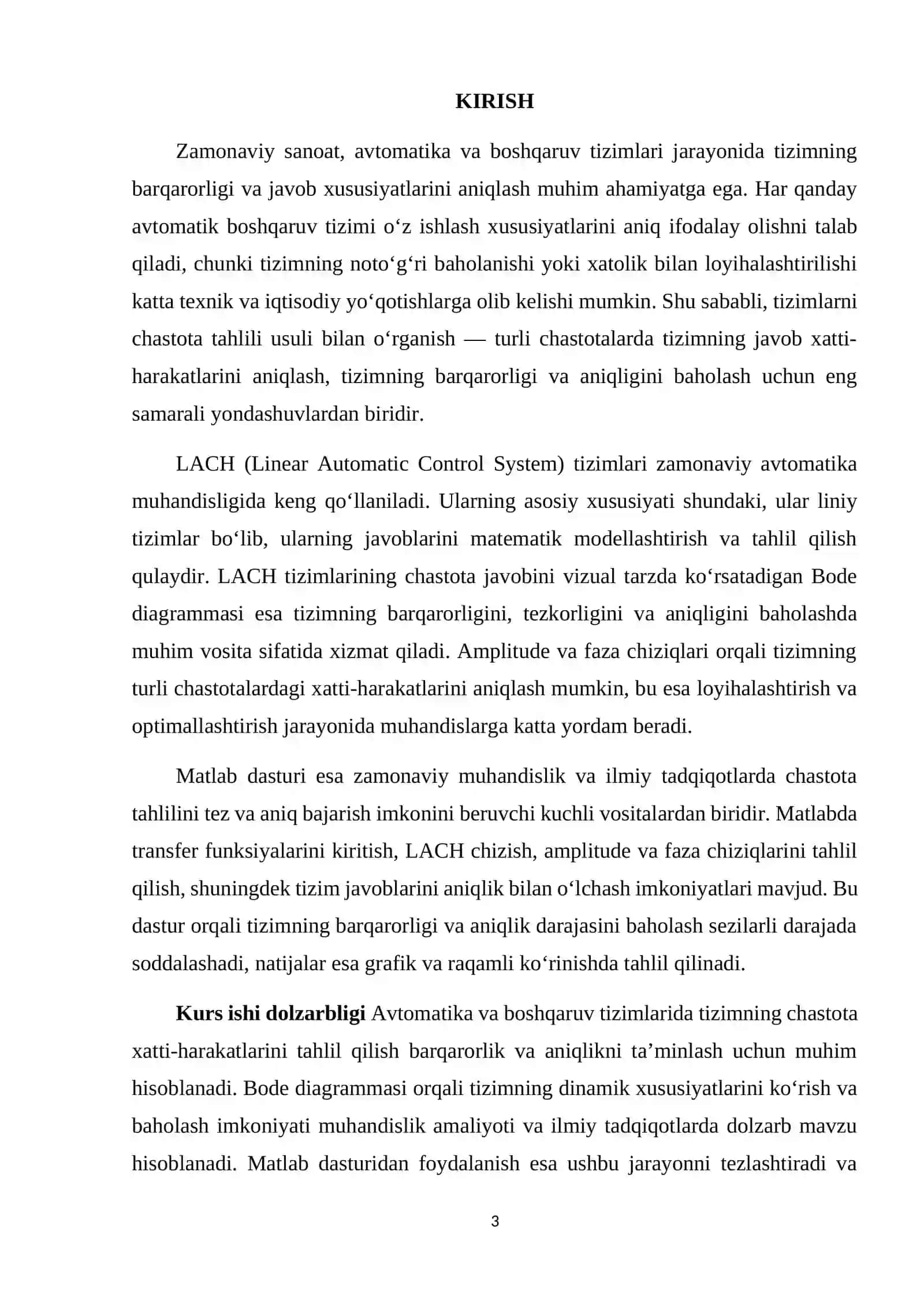 Tizimning LACH (Bode diagrammasi) ni Matlab dasturida qurish va aniqlik talablariga mos tahlil 3