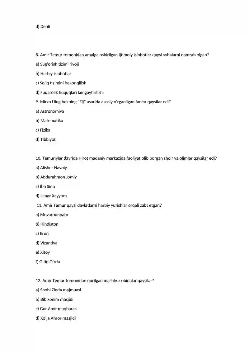 Temuriylar tarixi test 3