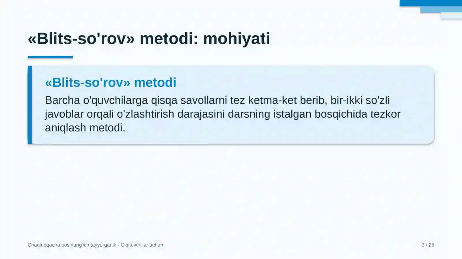 chaqiriqqacha boshlang'ich tayyorgarlik darslarida blits so'rov metodidan foydalanish 5638 3