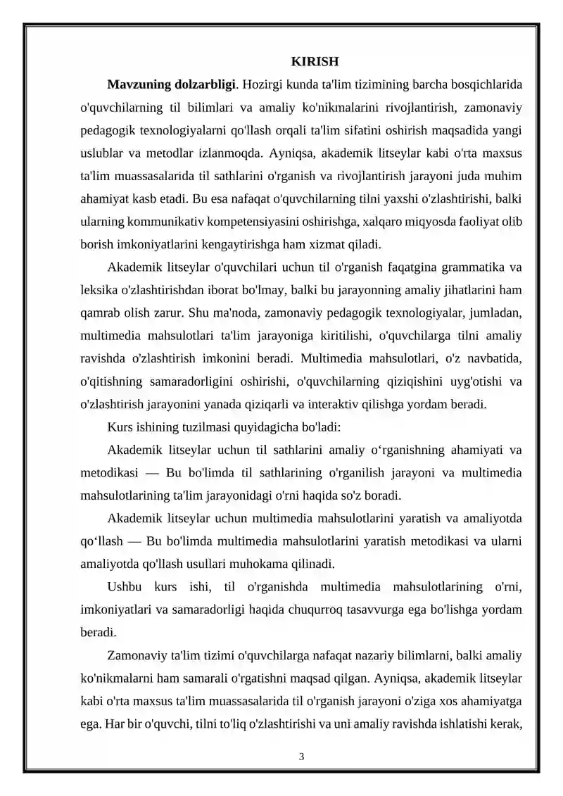 "AKADEMIK LITSEYLAR UCHUN TIL SATHLARINI AMALIY EGALLASHGA QARATILGAN MULTIMEDIA MAHSULOTLARNI TAYYORLASH" 3