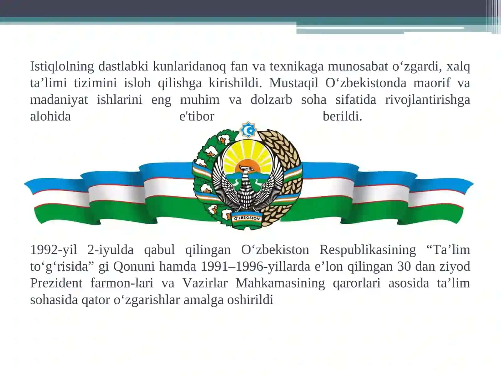 O'ZBEKISTON RESPUBLIKASIDA  Kadrlash tayyorlash va TA’LIM SOHASIDAGI ISLOHOTLAR 3