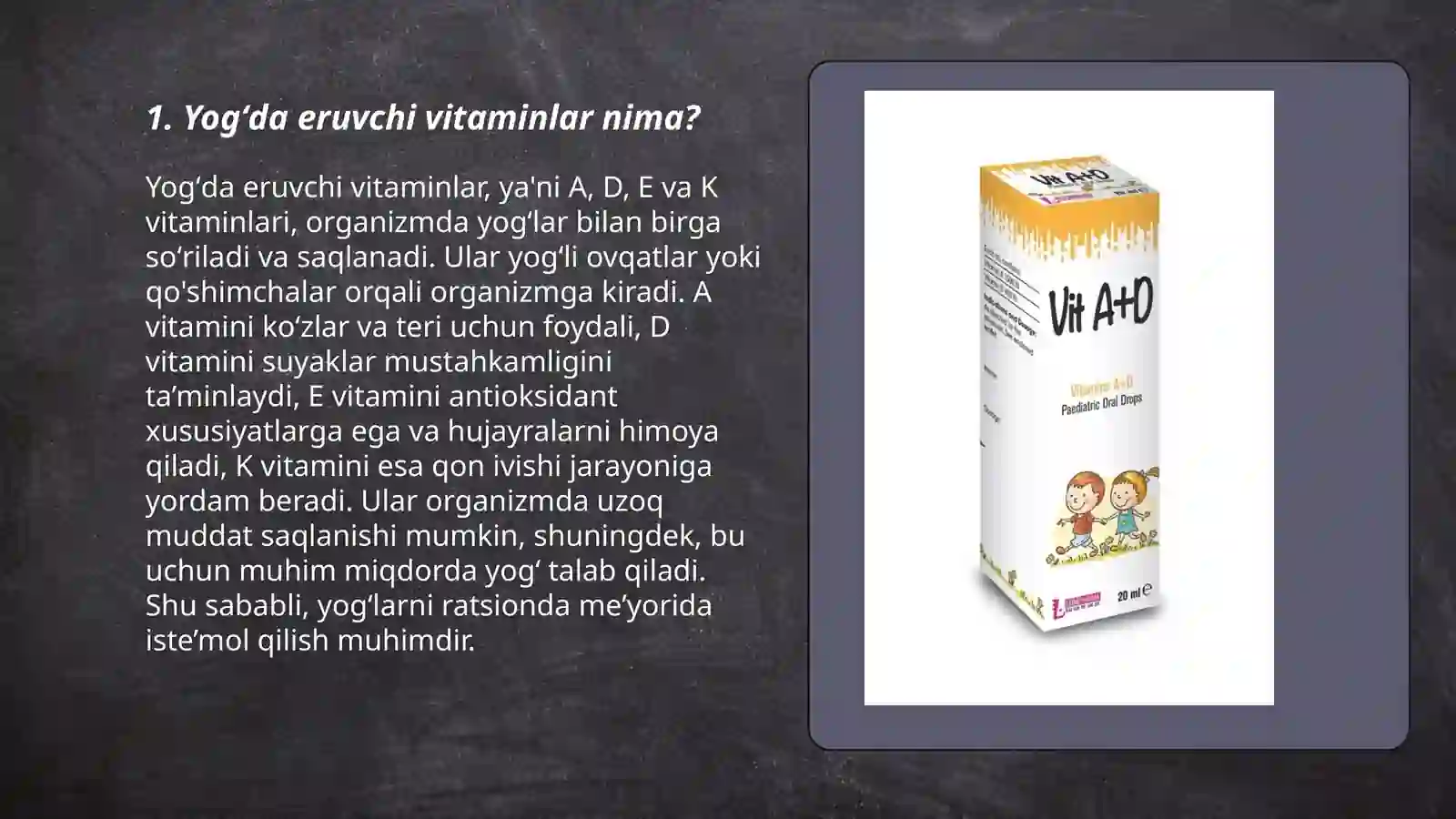 Vitaminlar. Yogʻda eruvchi vitaminlar. Tuzilishi va funksiyasi. Shermatova Mulkiya 3