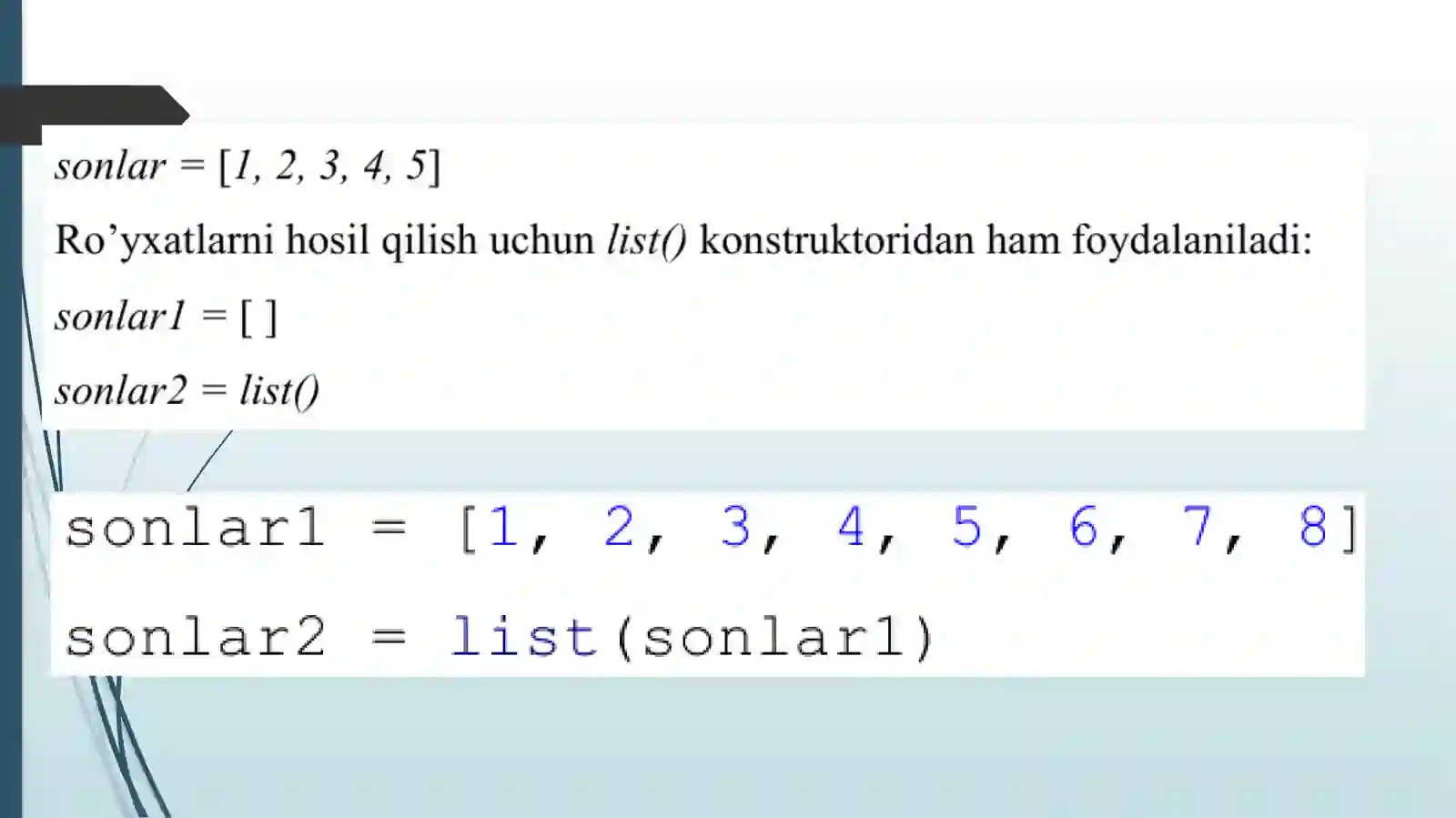 Python (Basic) Ro’yxatlar (list). 3