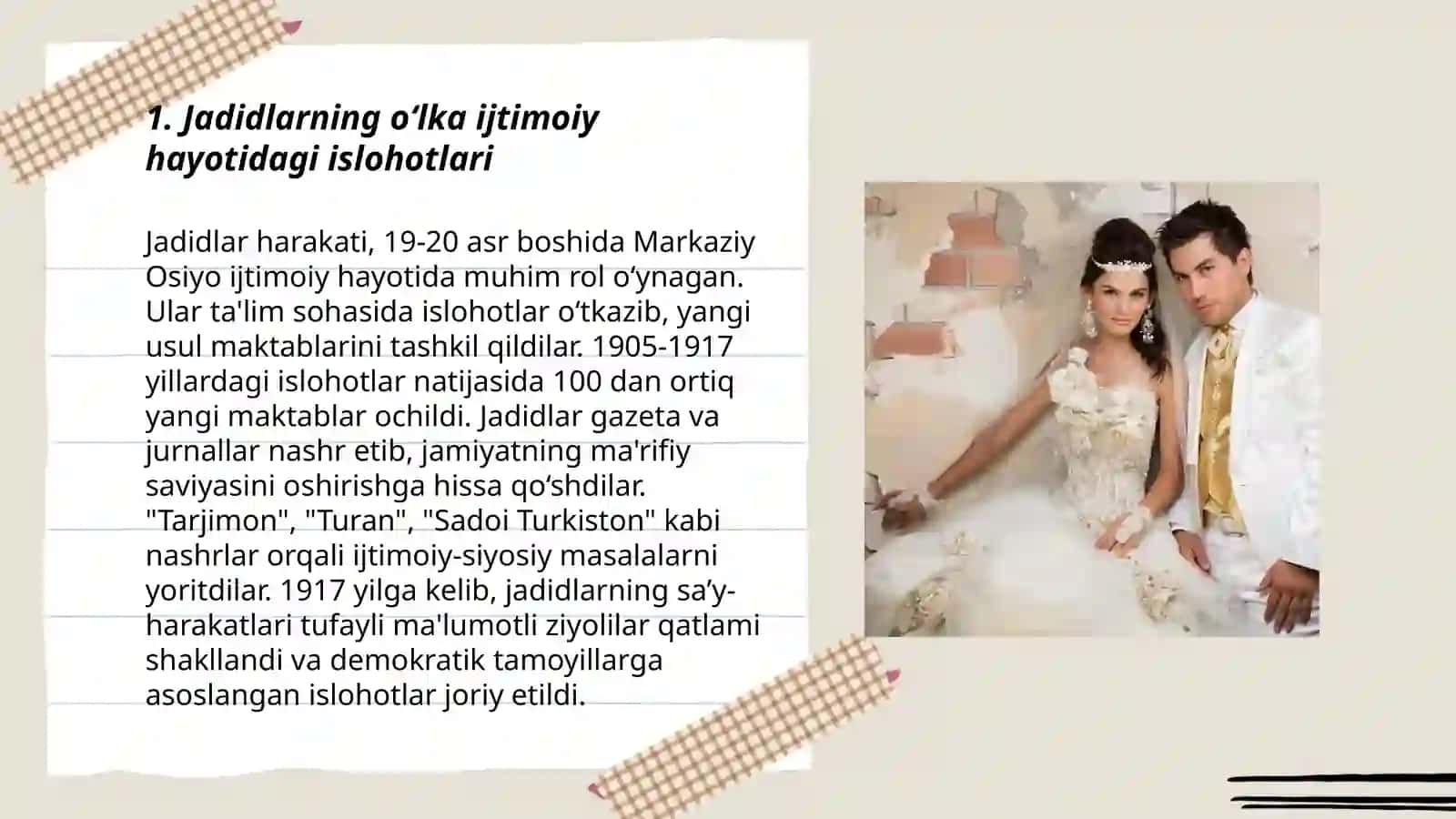Jadid ma’rifatparvarlarning o‘lka ijtimoiy-madaniy hayotida tutgan o‘rni (Munavvar Qori, Fitrat, Behbudiy, Avloniy va boshqalar) 3