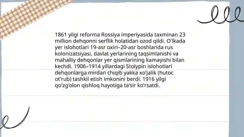 Rossiya imperiyasi va sovet hukmronligi davrida o'lkadagi ijtimoiy-iqtisodiy, siyosiy va ma'naviy jarayonlar 3
