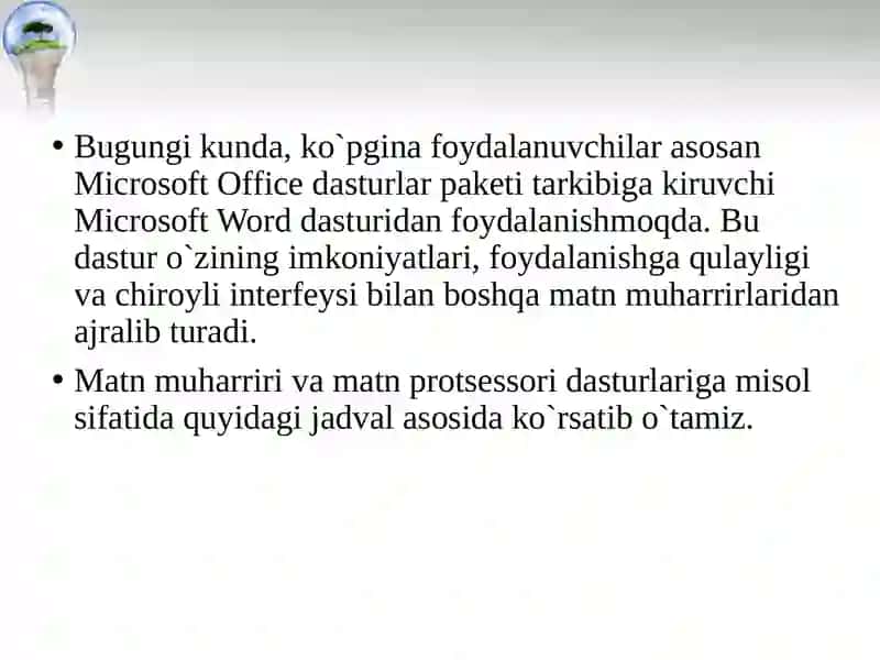 MATNLI AXBOROTLARNI YARATISH VA ISHLOV BERISH TЕXNOLOGIYALARI. MICROSOFT WORD 2013 DASTURIDA ISHLASH KO`NIKMALARINI HOSIL QILISH. 3