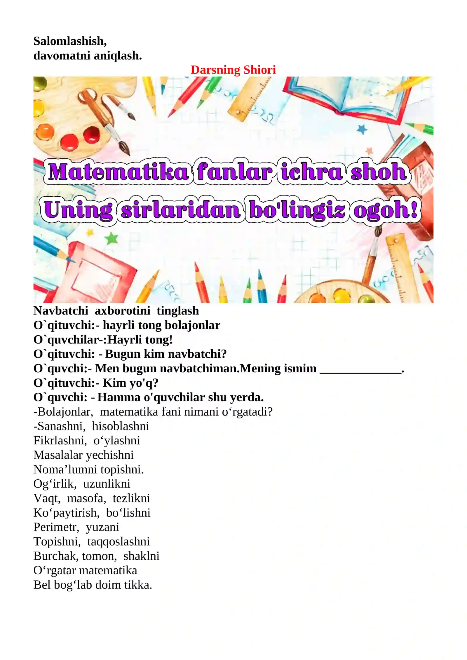 Takrorlash mavzusida 3-sinf Matematika fanidan dars ishlanmasi 3