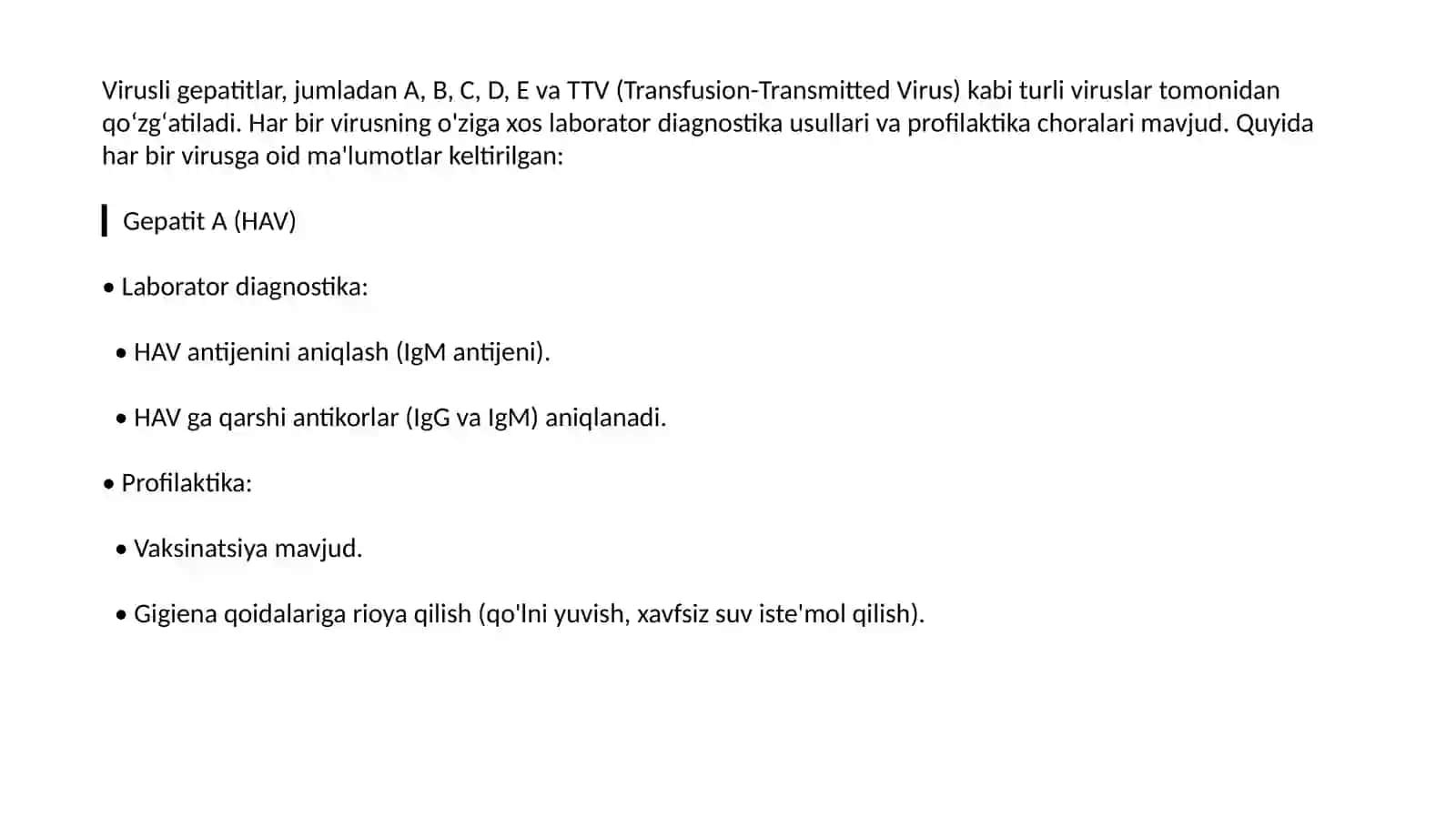 VIRUSLI INFEKSIYLAR GEPATIT A, V, S, D, Ye, F, TTV –qo’zg’atuvchisilabatordiagnostikasivaprofiloktikasi 3