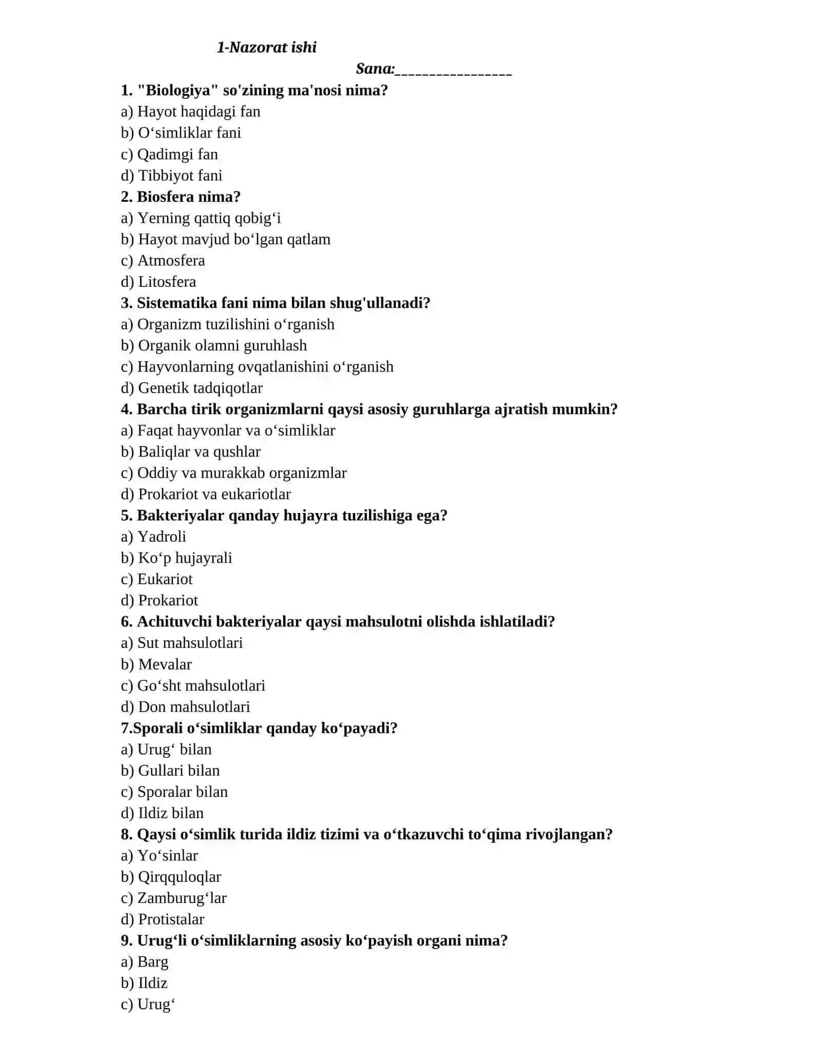 Biologiya fanidan NAZORAT ISHI DAFTARI 3