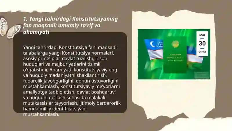 Yangi tahrirdagi O’zbekiston Respublikasi Konstitutsiyasi fanining maqsadi va vazifalari 3