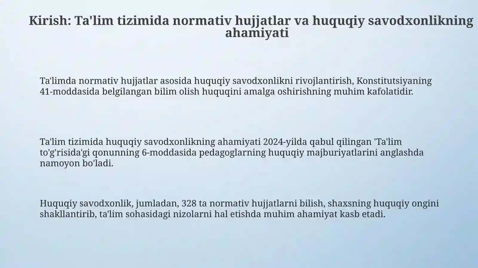 Ta'limtizimidanormativhujjatlarbilanishlashmadaniyativahuquqiysavodxonlik 3