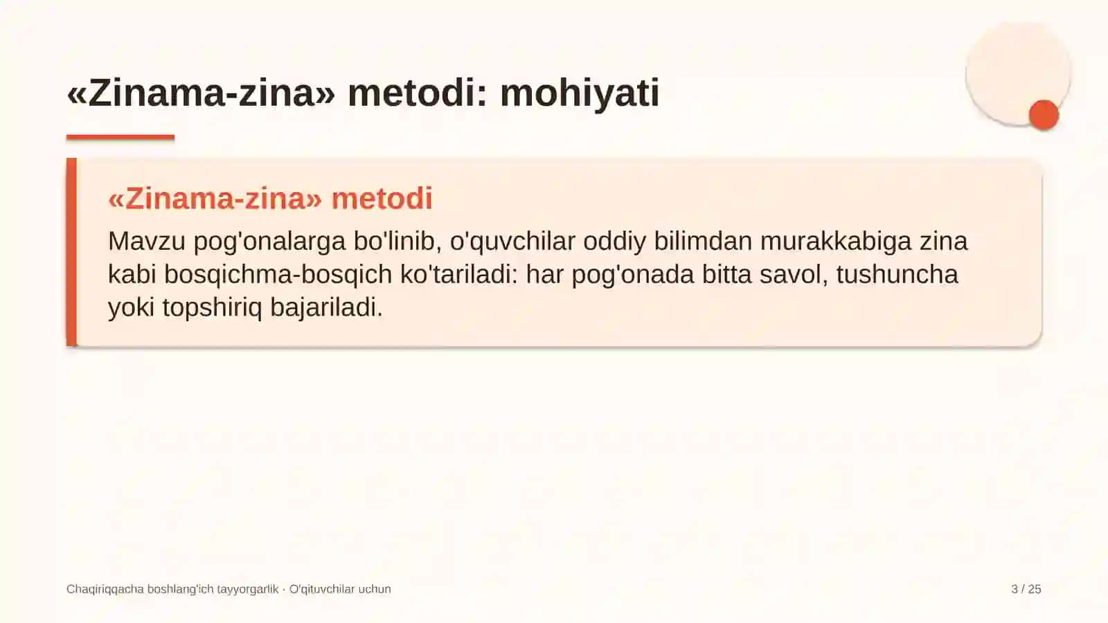 chaqiriqqacha boshlang'ich tayyorgarlik darslarida zinama zina metodidan foydalanish 5102 3