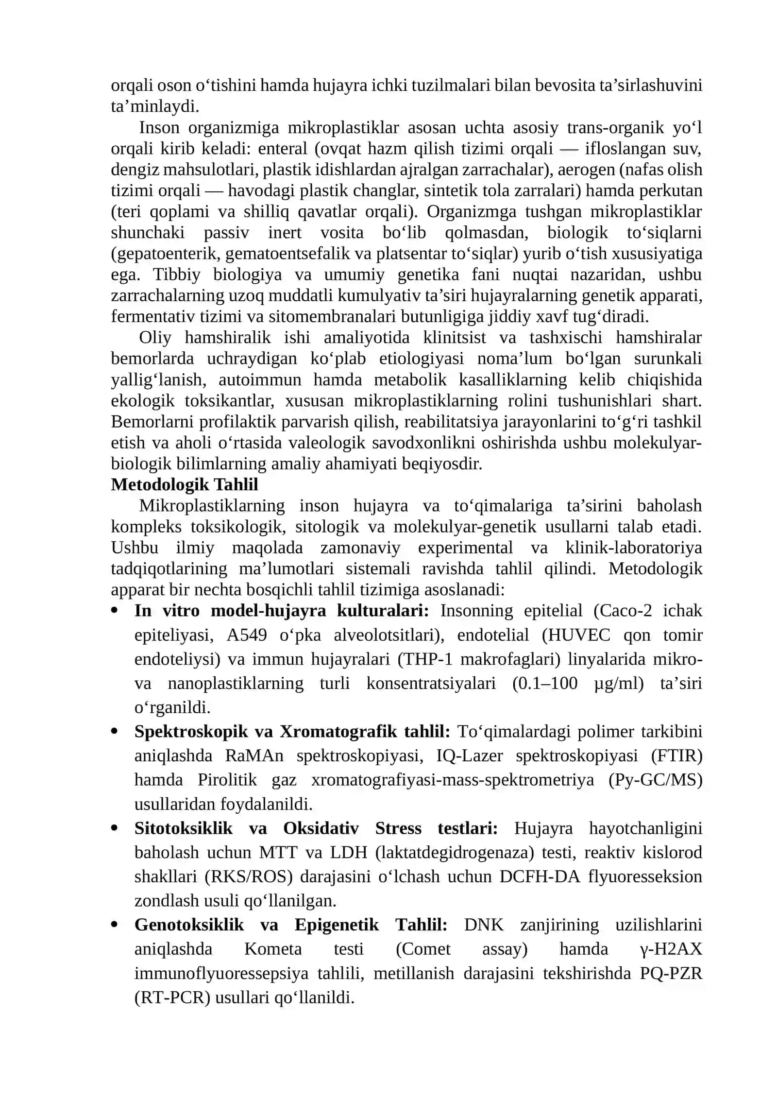 MIKROPLASTIKLARNING INSON ORGANIZMI HUJAYRALARI VA TO‘QIMALARIGA UZOQ MUDDATLI BIOLOGIK TA’SIRI: MOLEKULYAR VA HUJAYRAVIY DARAJADAGI TAHLIL 3