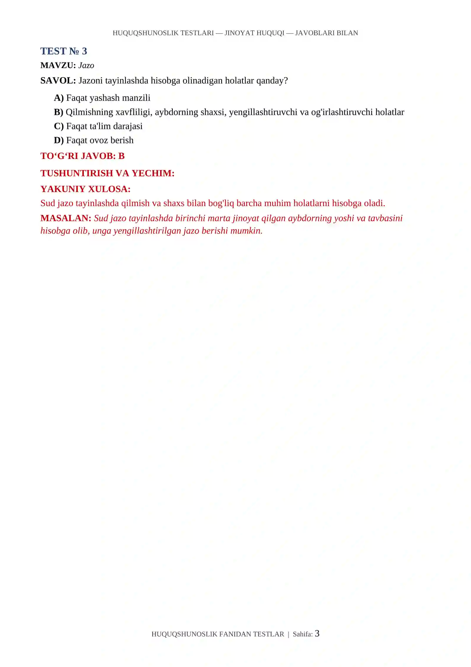HUQUQSHUNOSLIK TESTLARI — JINOYAT HUQUQI — JAVOBLARI BILAN 3