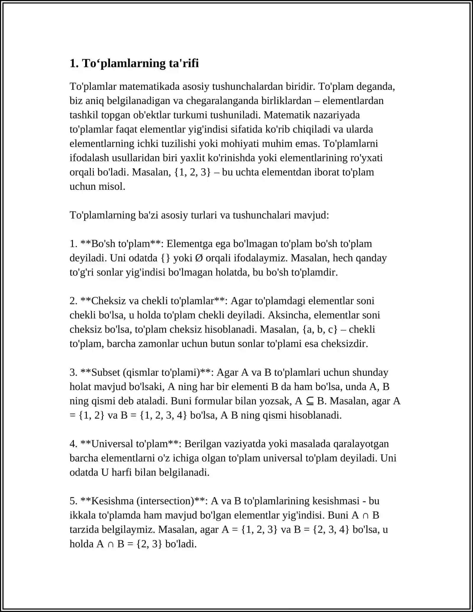 MUSTAQIL ISH Mavzu: TOʻPLAMLAR VA ULAR USTIDA AMALLAR 3