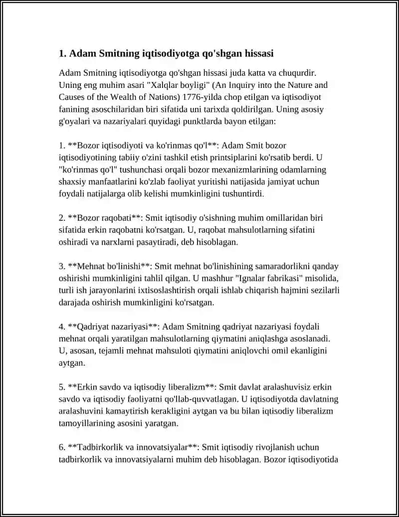 Adam Smitning iqtisodiy qarashlari va ularning zamonaviy iqtisodiyotdagi roli 3