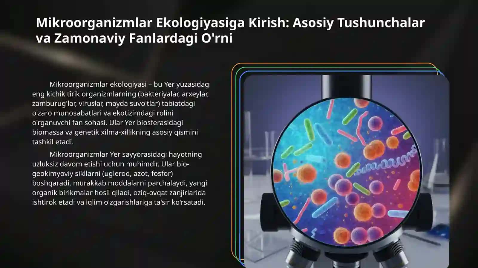 Mikroorganizmlar ekologiyasi. Tashqi muhit mikroflorasi (suv, havo, tuproq) 3