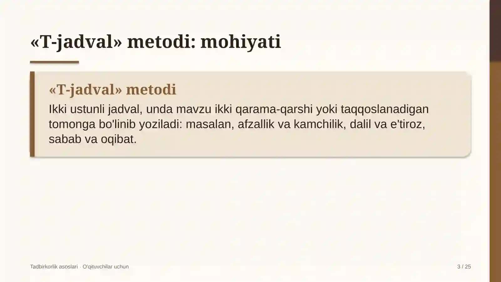 tadbirkorlik asoslari darslarida t jadval metodidan foydalanish 5518 3