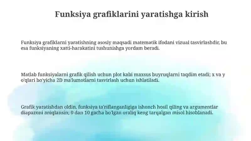 Texnik tizimlarda axborot texnologiyalari fanidan Matlab dasturida funksiyaning grafigini yaratish 3