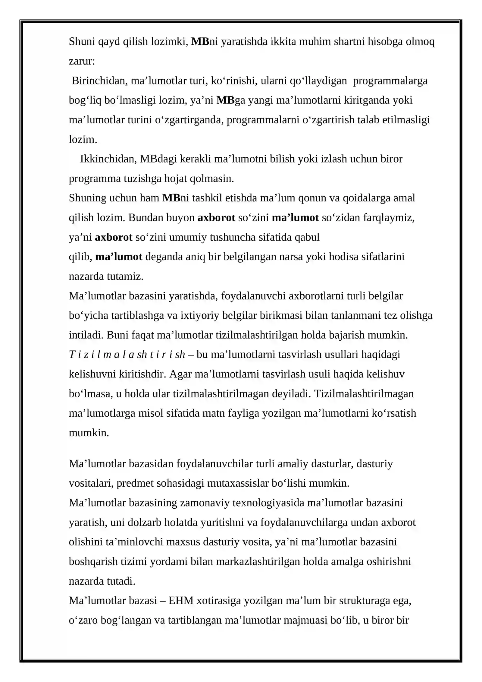 MA’LUMOTLAR BAZASI TEXNOLOGIYALARI FANIDAN KURS ISHI 3