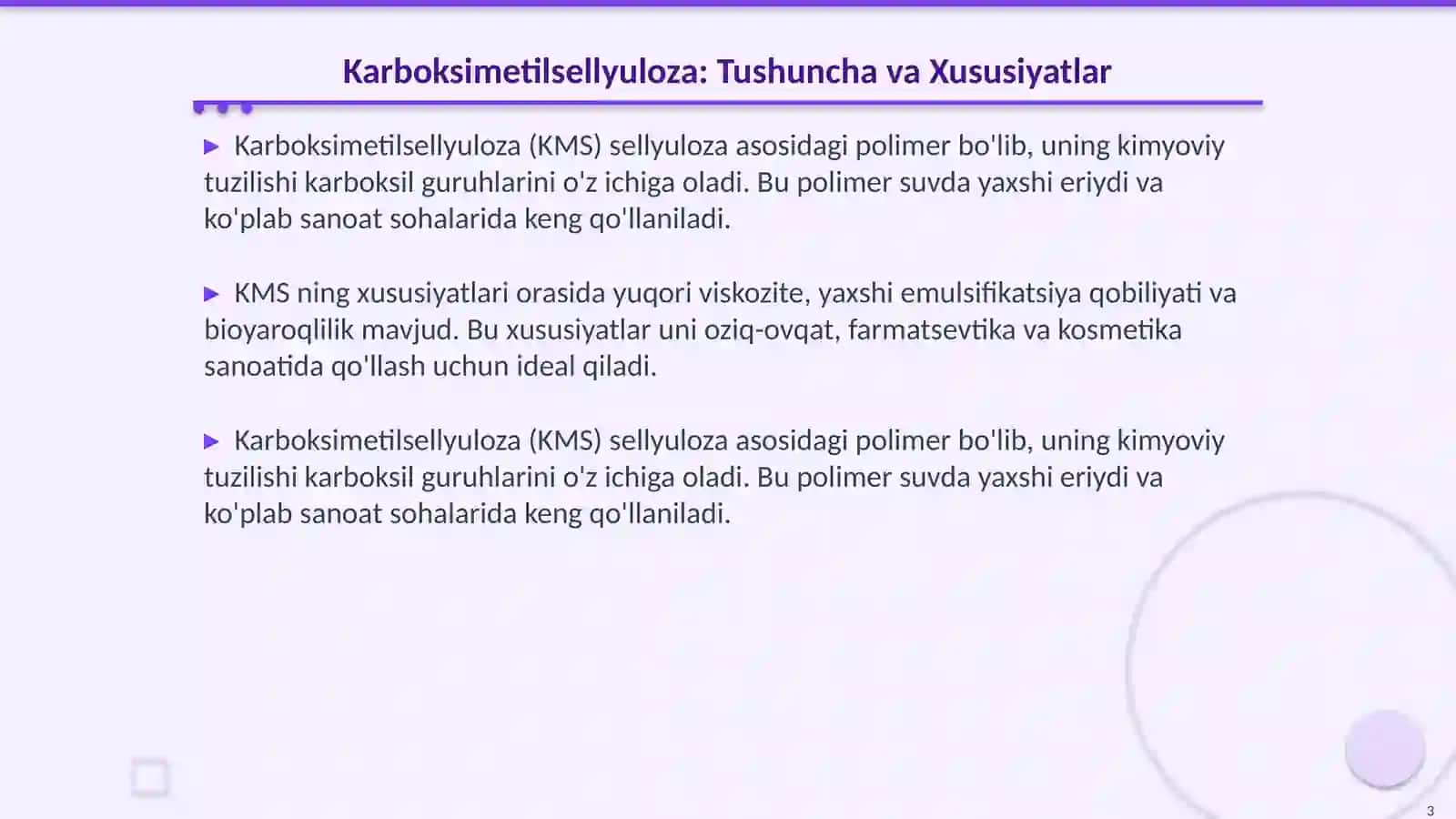 Polimerlanish va almashinish darajasi turlicha boʻlgan karboksimetilsellyuloza dengizi va ularni tozalash usullari 3