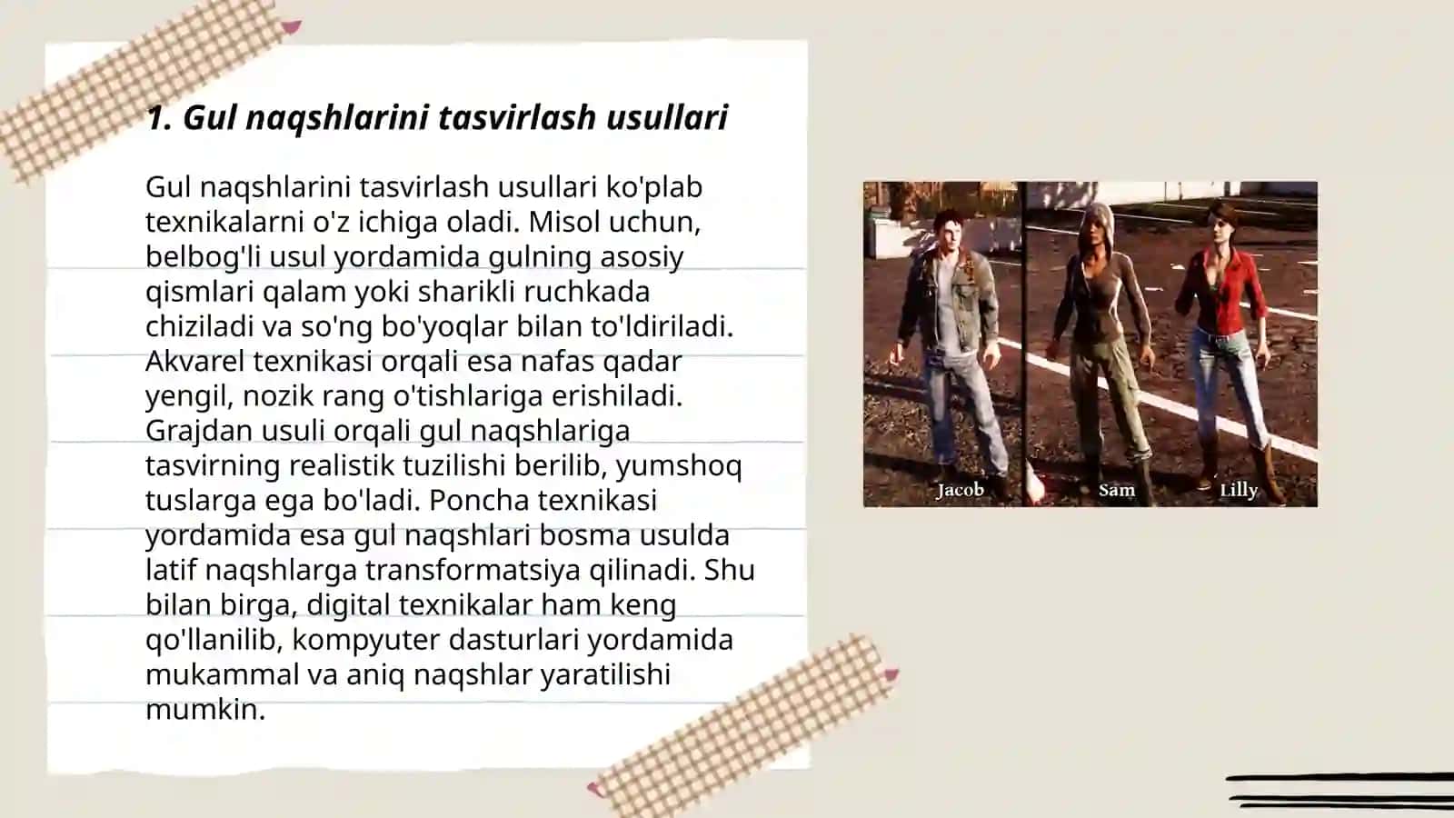 Miniatyura kompazitsiyasida ishlatiladigan oddiy naqsh elimentlarini (gul, barg, shukufta, bofta, marg'ula, tanob va novda) tasvirlash 3