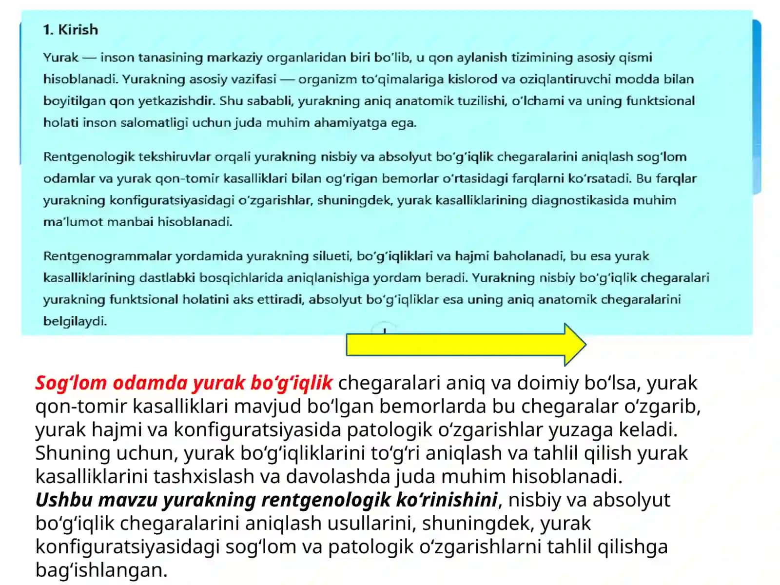 Sog‘lom odamda va yurak qon - tomir kasalligi bilan bemorlarda yurakning nisbiy va absolyut bo‘g‘iqlik chegarasini aniqlash 3