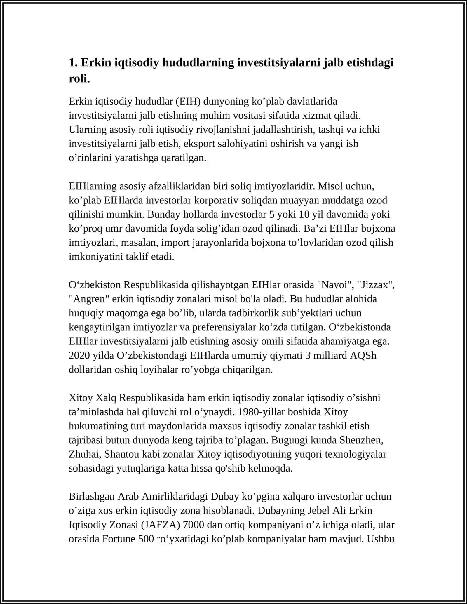 Erkin iqtisodiy hududlarning investitsiyalarni jalb etishda erkin iqtisodiy hududlarning o'rni 3