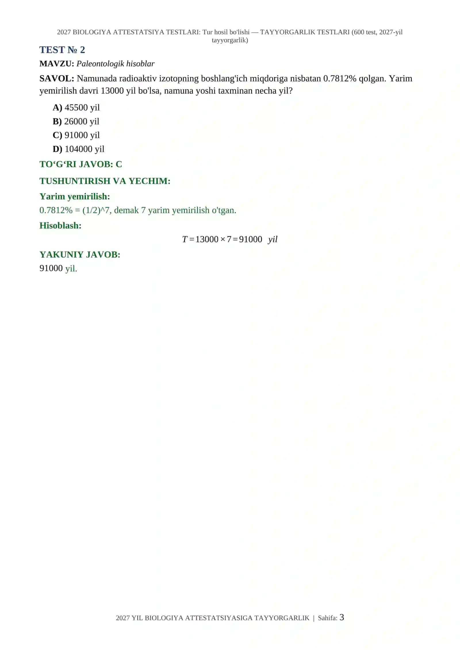 600 TEST — TO‘G‘RI JAVOBLARI VA BATAFSIL YECHIMLARI BILAN 3