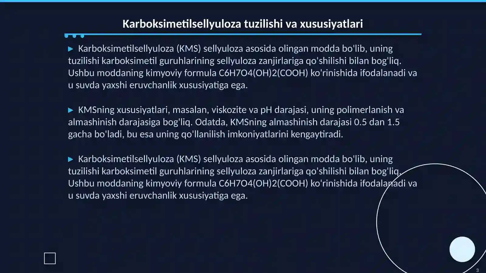Polimerlanish va almashinish darajasi turlicha bo'lgan karboksimetilsellyuloza sintezi va ularni tozalash usullari 3