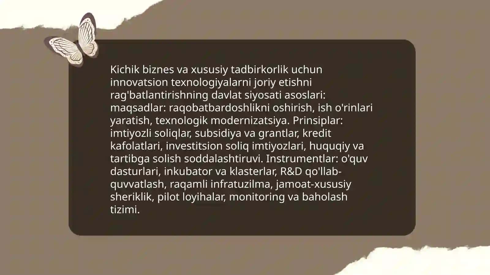 Kichik biznes 4 va xusisiy tadbirkorlik sub'ektlariga innovatsion texnologiyalarni tadbig etishni rag'batlantirish mexanizmini tashkil etish 3