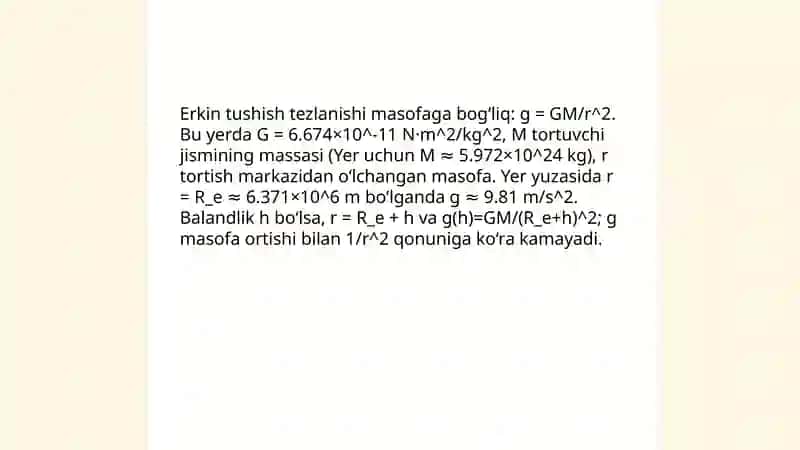 Erkin tushish tezlanishining masofaga bog‘liqligi. Kosmik tezliklar 3