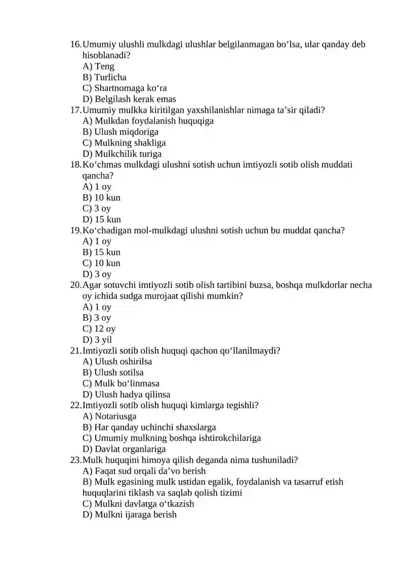 Mulk huquq modulidan oraliq testi 3